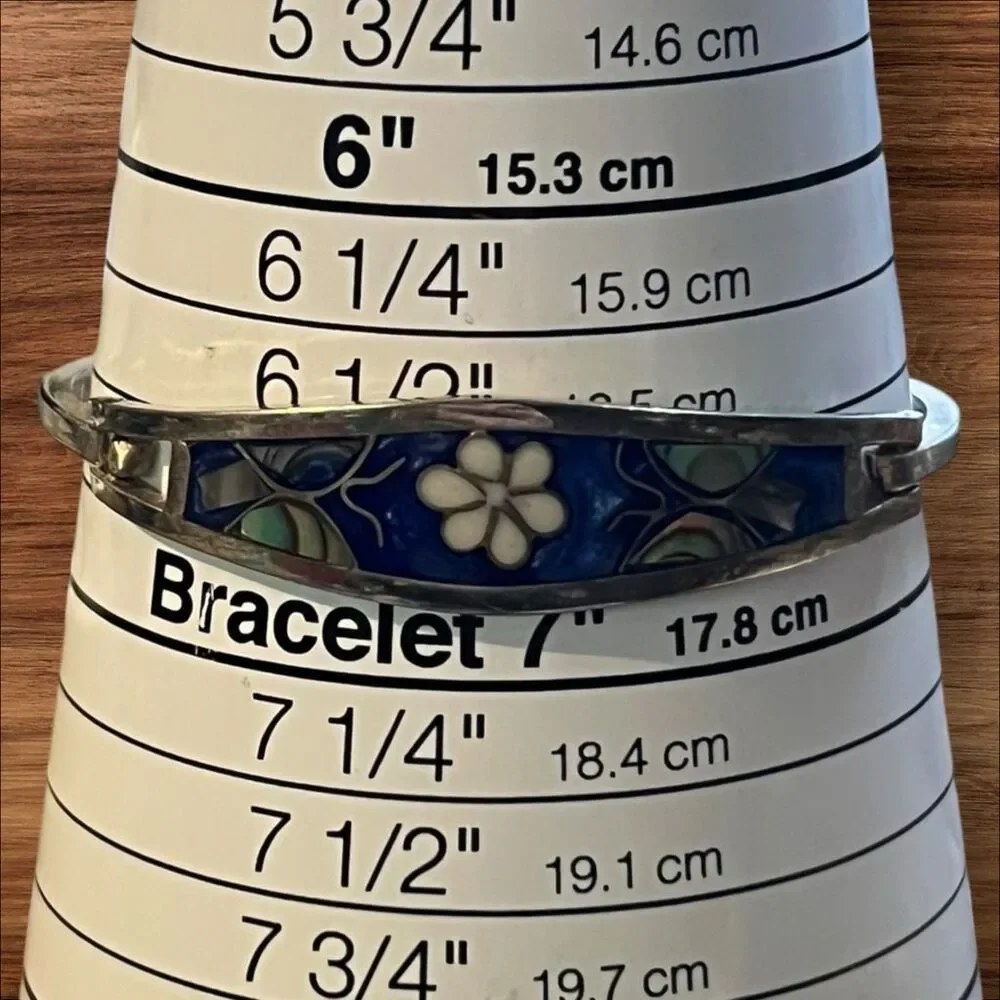 Vintage Mexico Eagle Mark Abalone Floral Inlay Cuff Bracelet 6.5” - 6.75”